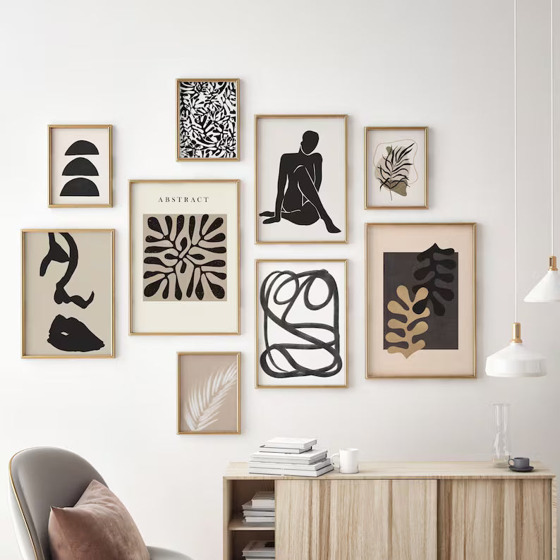 9 Tableaux décoratifs, Mur Galerie Contemporain : Dialogue Graphique en Noir et Or