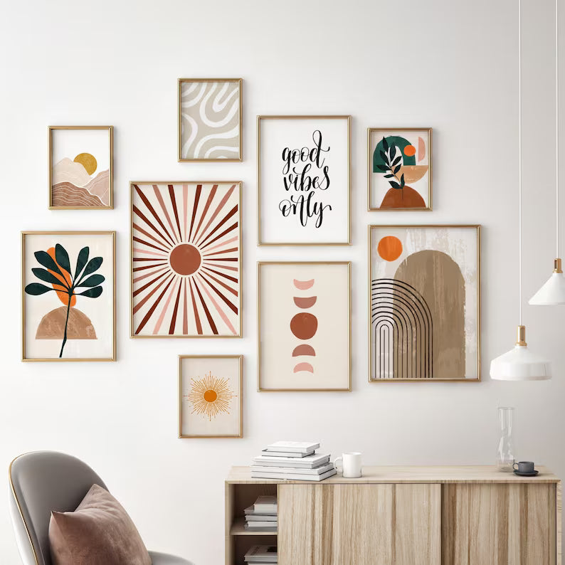 9 Tableux décoratifs, Mur Galerie Bohème : Une Symphonie de Couleurs Terrestres